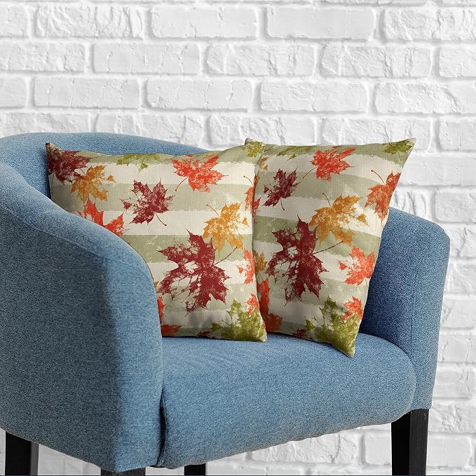 Thanksgiving Colorful Maple Leaves Throw Pillow Covers 16x16 Set of 2 Fall Decorative Pillow Covers Green Grey White Striped Pillow Covers Autumn Outdoor Pillow Case for Living Room Patio Sofa