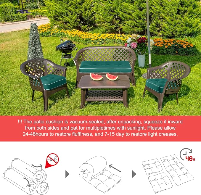Wenqik 44 x 19 x 4 Inch Outdoor Bench Cushion Set of 3 Waterproof Tufted 1 Patio Loveseat Cushions and 2 Square Chair Seat Pad for Outdoor Furniture Couch Swing Sofa Wicker Settee(Green)