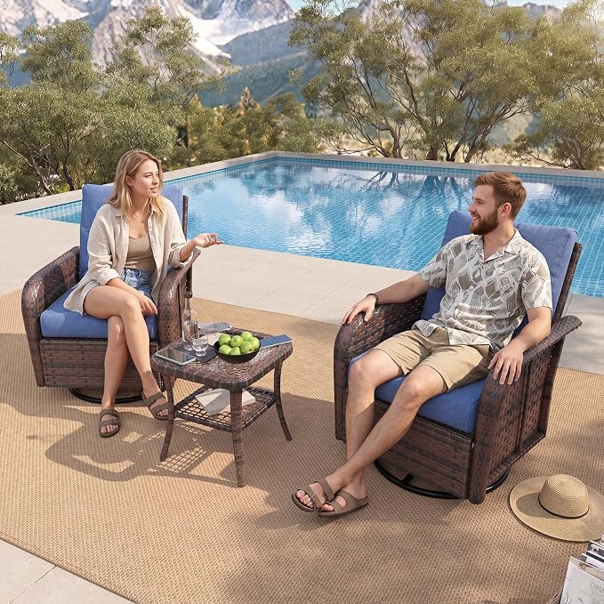 LazySunsets 3 Piece Outdoor Patio Furniture Set, Wicker Rattan Outdoor Furniture with High Back Swivel Rocker Chairs, Outdoor Sofa Set with Thick Cushions & Side Table, Navy Blue