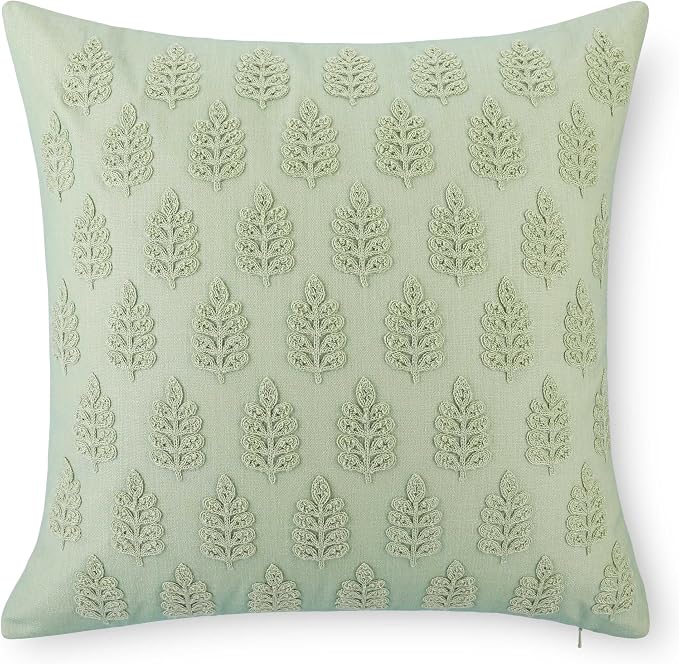 Crumbs Home Modern Farmhouse California Casual Indoor Outdoor Throw Pillow Cover, 20"x20" Water Repellent for Patio, Backyard, Couch, Poolside, Light Green Embroidered Leaves