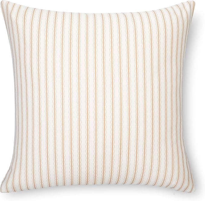 Modern Farmhouse California Casual Indoor Outdoor Throw Pillow Cover, 22"x22" Water Repellent for Patio, Backyard, Couch, Poolside, Ivory Cream Tan Print Wave Stripes