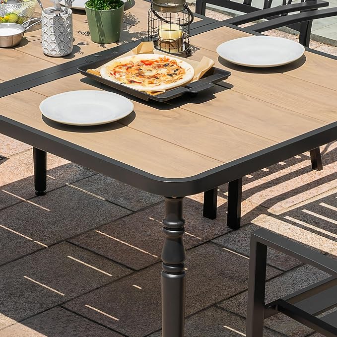 NUU GARDEN Outdoor 37” Square Metal Dining Table, Patio Dining Table with Umbrella Hole, Powder-Coated Metal Table with Faux Wood Tabletop, for Patio, Garden, Backyard and Balcony, Black