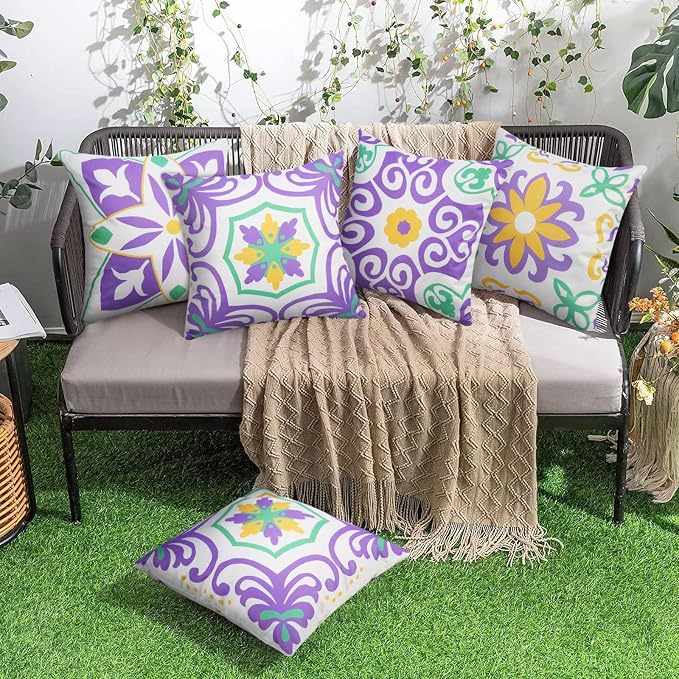 Pyonic Purple Outdoor Pillows Waterproof Throw Pillow Covers Set of 4 Floral Printed and Boho Farmhouse Outdoor Pillow Covers for Patio Funiture Garden 18x18 Inch