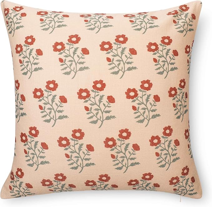 Modern Farmhouse California Casual Indoor Outdoor Throw Pillow Cover, 20"x20" Water Repellent for Patio, Backyard, Couch, Poolside, Rust Orange Green Print Block Painting Flowers