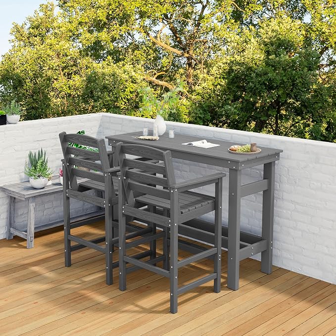 SERWALL Outdoor Bar Set - 4 Adirondack Bar Chairs & Bar Height Table with 1.6" Umbrella Hole, All-Weather HDPE Patio Furniture for Poolside, Backyard, Garden - Grey