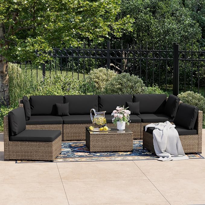 LHBcraft 7 Pieces Outdoor Furniture Set, Wicker Furniture Patio Conversation Sets with Tea Table and Thickened Black Cushions, Outdoor Patio Sectional Sofa for Garden, Poolside, Backyard