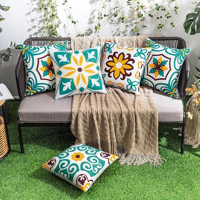 Pyonic Turquoise Waterproof Outdoor Pillow Covers 16x16 inch | Set of 4,Morocco Vintage Floral Boho Throw Pillow Covers ,Water Resist Outdoor Pillows for Patio Furniture Garden Yard