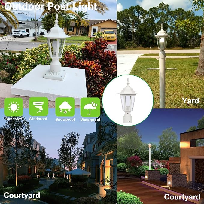 Outdoor Post Light, Rustproof Aluminum Pole Lamp, White | Exterior Lamp Post Light Fixture for Garden, Yard, Pathway, Waterproof, Glass, E26 Base, Max 60W, 2 Pack