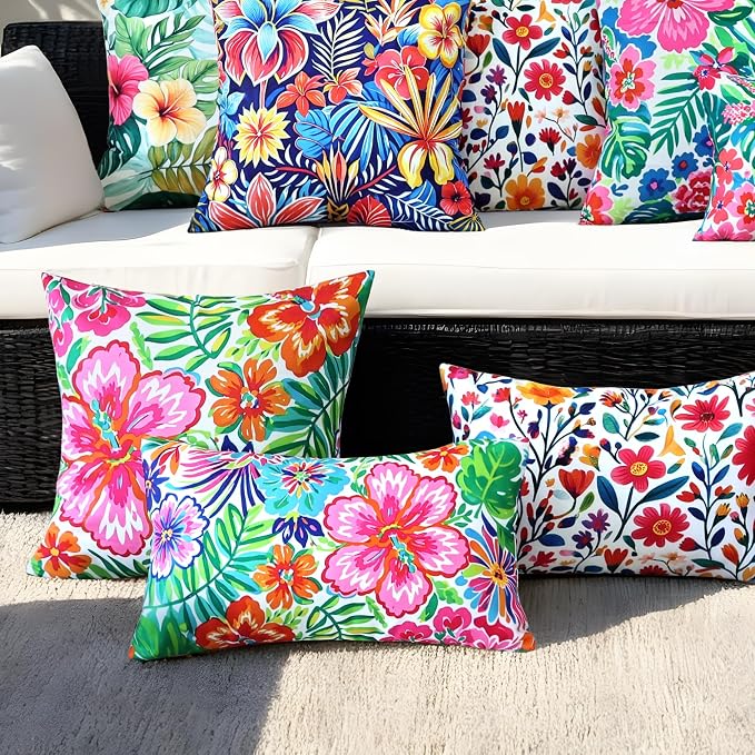 Outdoor Pillow Covers 20x20 Inch Set of 2, Tropical Floral Plants Modern Throw Pillows Cases, Spring Waterproof Square Garden Cushion Sham for Patio Funiture Tent Balcony Bench Sofa Couch