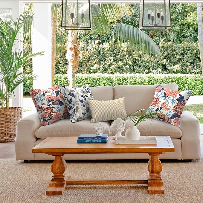 Outdoor 20x20 Inch Throw Pillows with Inners, Square Pillows Decorative Set of 2 for Home Garden Furniture, Red Chrysanthemum