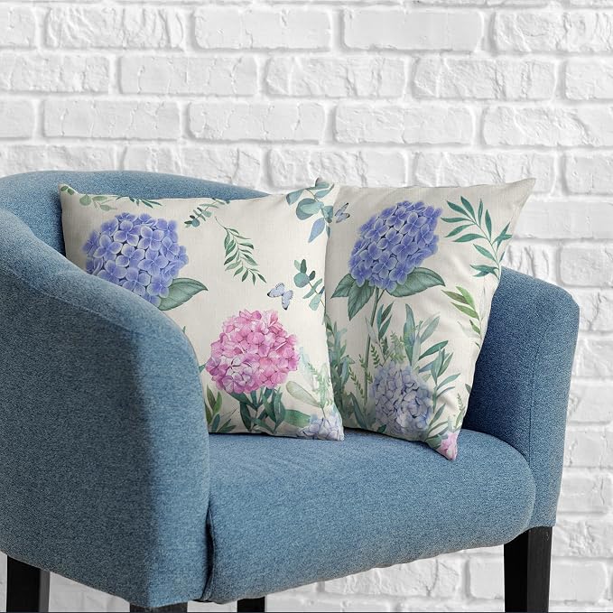Watercolor Sping Flower Throw Pillow Covers Set of 2 Blue and Pink Hydrangea Pillow Case 24x24 Summer Floral Butterfly Cushion Case for Indoor Outdoor Patio Car