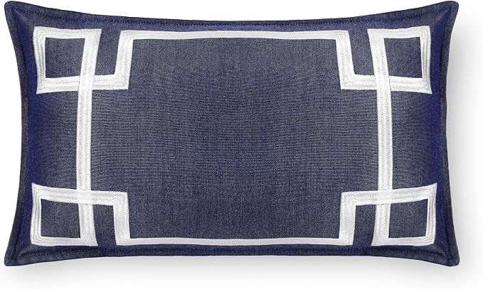 Hofdeco Premium Coastal Hampton Outdoor Performance Lumbar Pillow Cover Only, 12"x20" Water Repellent, UV and Fade Resistant for Backyard, Couch, Poolside, Indigo Blue Embroidered Frame Greek Key