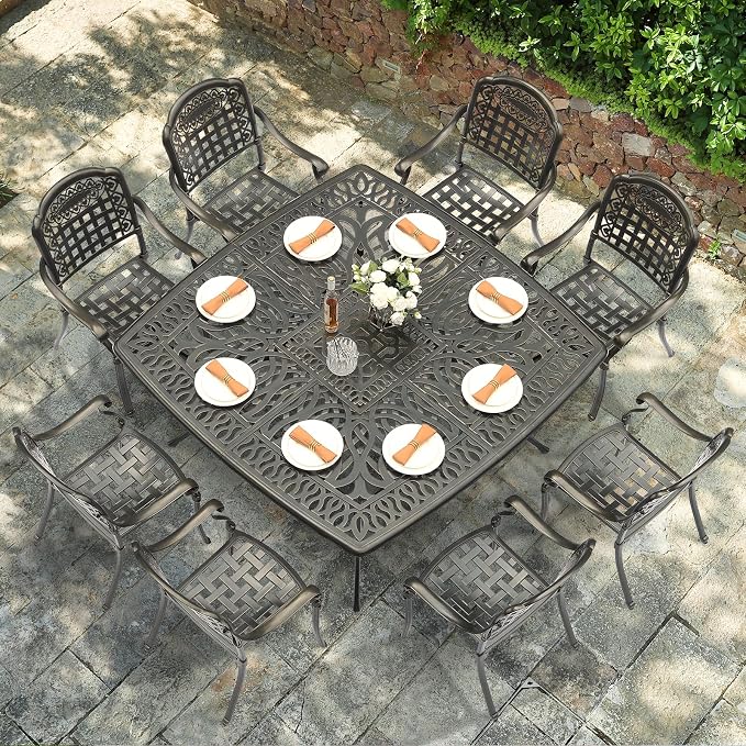 VIVIJASON 9-Piece Outdoor Dining Set, Cast Aluminum Retro Patio Furniture Table and Chairs Set for 8, Include Large 64" Square Dining Table and 8 Chairs with Umbrella Hole for Balcony Garden