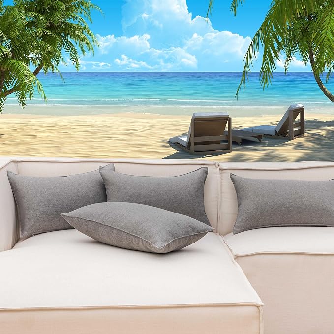 Home Brilliant Patio Pillow Covers Outdoor Waterproof Linen Throw Pillow Covers Lumbar Rectangle Accent Pillow Cases for Bed Room Indoor Outside, 4 Pieces, 12x20inches(30x50 cm) Light Grey