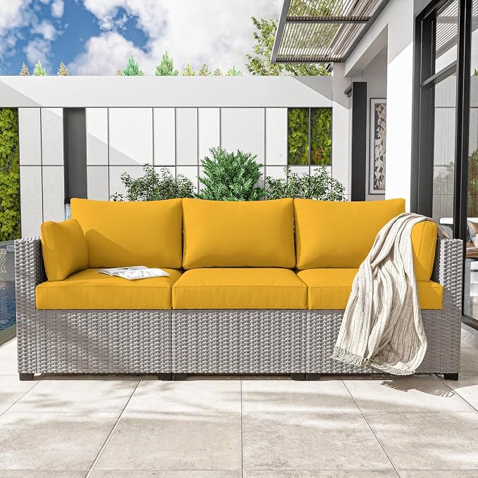 Outdoor Furniture Replacement Cushions, Waterproof Patio Furniture Cushions, 4" Deep Seat Outdoor Sectional Cushion for 3-Seat Outdoors Rattan Sofa Patio Sofa Cushion, Yellow