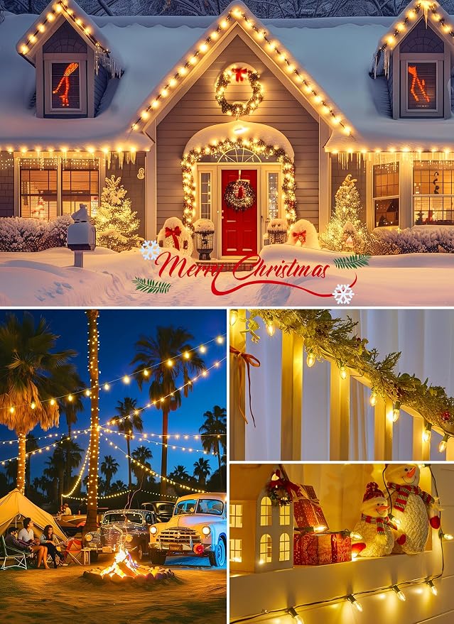 Vintage C9 Christmas Lights Outdoor, 200Ft 100 LED Warm White String Lights | Waterproof Shatterproof Connectable Christmas Tree Lights for House Outside Roofline Patio Yard Home Xmas Decorations