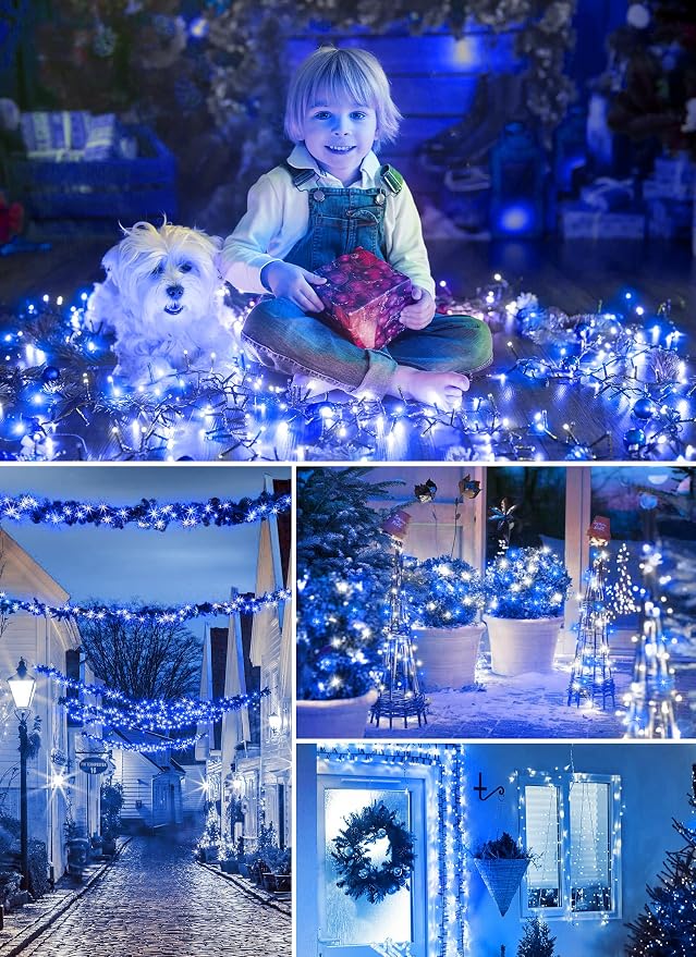 Minetom Solar Christmas Lights Outdoor Waterproof, 40FT 100 LED Solar Light | Solar Christmas Outdoor Decoration with 8 Modes, Solar String Lights for Outside House Tree Yard Garden, Blue & Pure White