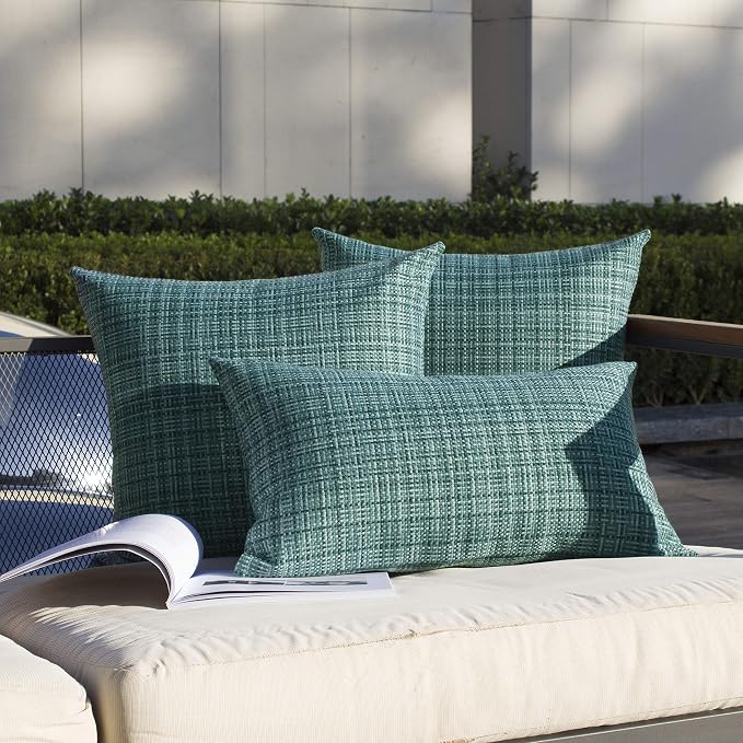 Kevin Textile Outdoor Waterproof 14"x24" Lumbar Pillow Covers 2 Pack, Teal | Water Resistant, Faux Linen Yarn-dyed, Woven Texture Throw Pillow Covers for Tent Patio Garden Couch Sofa