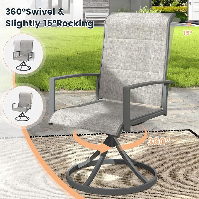 VICLLAX 5 Pieces Outdoor Dining Set, Patio Furniture Set Includes 38" Square Metal Table W/ 1.9" Umbrella Hole and 4 Padded Textilene Swivel Chairs for Porch, Lawn, Garden, Backyard