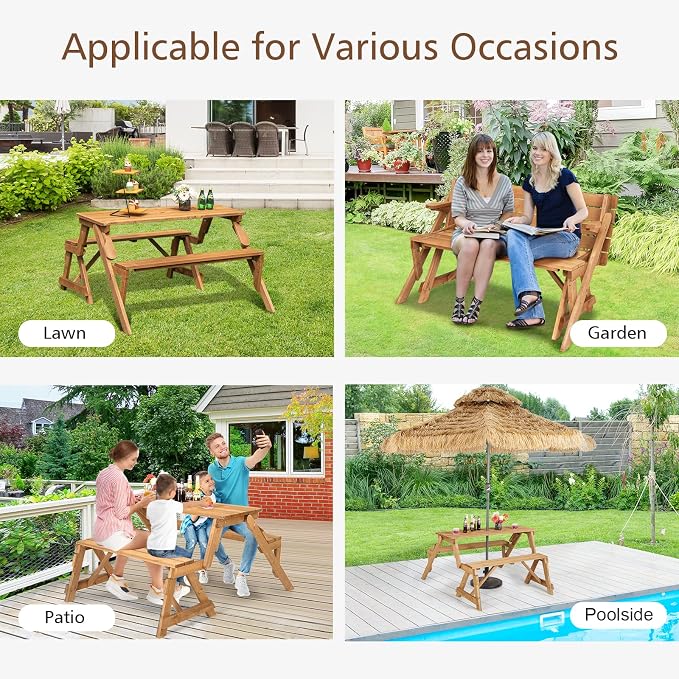 GYMAX Picnic Table, 2 in 1 Convertible Picnic Bench Table Set, Transforming Interchangeable Wooden Picnic Table with Umbrella Hole, Collapsible Outdoor Patio Dining Table Garden Bench