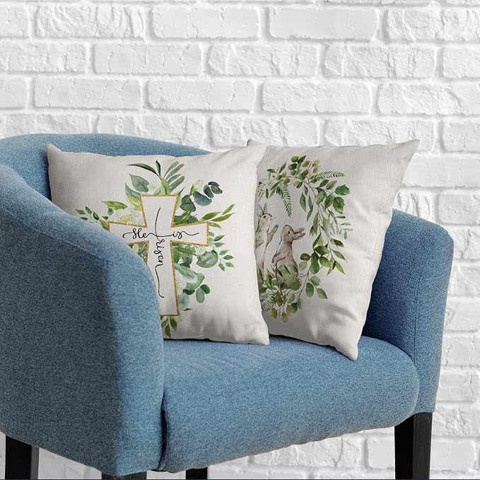 Spring Green Wreath Garland Throw Pillow Covers Easter Bunny Rabbit Pillow Case 20x20 He is Risen Cross Cushion Case for Living Room Home Decor Outdoor Car Set of 2