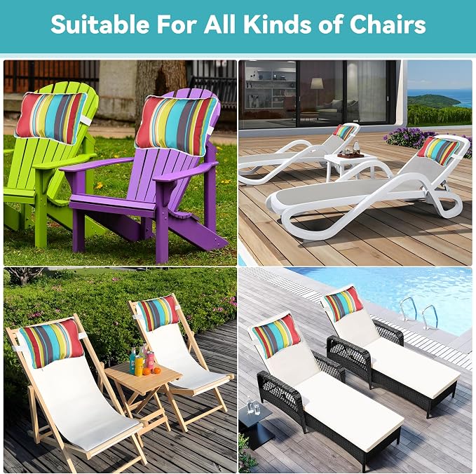 Enipate Outdoor Pillow for Chaise Lounge Chair Pack of 2 Water Resistant Headrest Lumbar Pillows with Adjustable Elastic Strap Removable Machine Washable for Pool Patio Beach Chair Garden Furniture