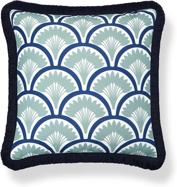 Hofdeco Premium Coastal Grandmillennial Patio Indoor Outdoor Throw Pillow Cover Only, 20"x20" Water Repellent for Backyard, Couch, Poolside, Celadon Green Navy Print Tropical Ravenala Palm Tree