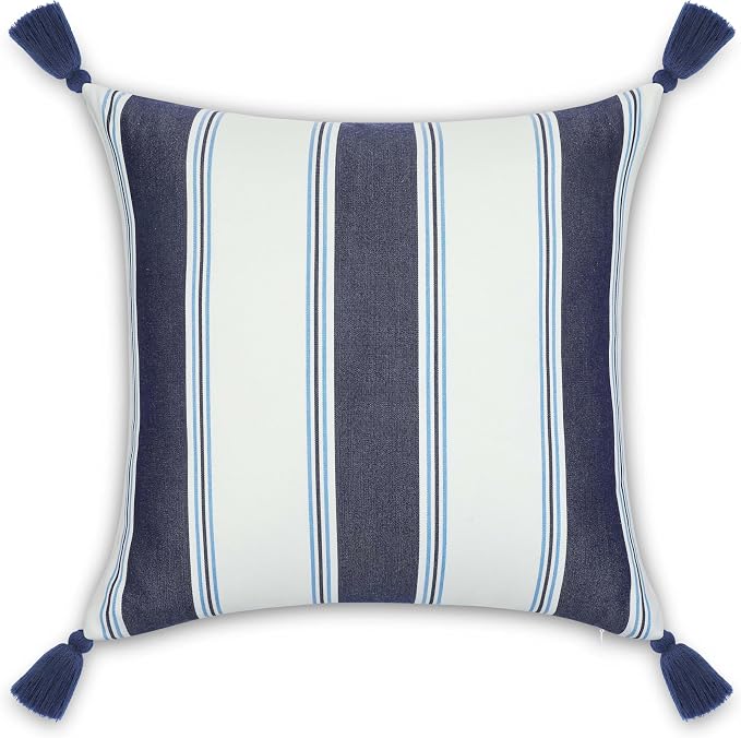 Hofdeco Premium Coastal Hampton Outdoor Performance Throw Pillow Cover Only, 20"x20" Water Repellent, UV and Fade Resistant for Backyard, Couch, Poolside, Indigo Azure Blue Woven Harbor Stripes