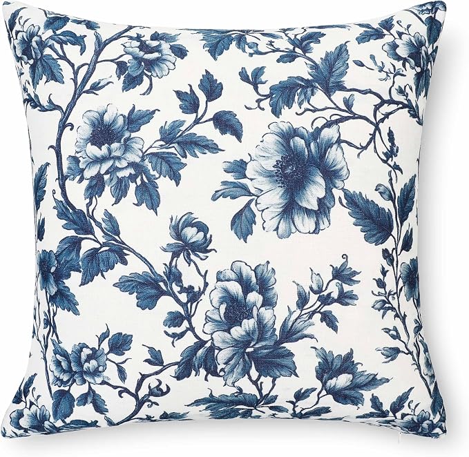 California Casual Coastal Indoor Outdoor Throw Pillow Cover, 20"x20" Water Repellent for Patio, Backyard, Couch, Poolside, Dark Navy Print Vintage Chinoiserie Floral
