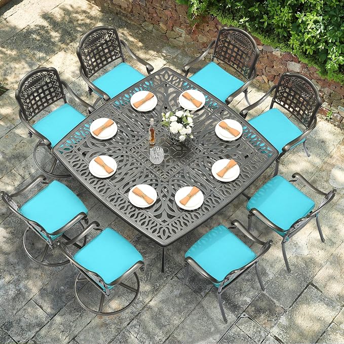VIVIJASON 9-Piece Outdoor Dining Set, Cast Aluminum Patio Table & Chair Furniture Set for 8, Include 64" Square Dining Table, 4 Swivel Rocker Chairs, 4 Stationary Chairs, Umbrella Hole, Ocean Blue