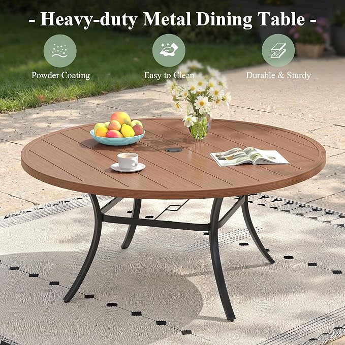 Outdoor Dining Table for 6, 50" Round Outdoor Table with Adjustable Umbrella Hole, All-Weather Metal Patio Dining Table for Lawn Garden Backyard Deck, Walnut