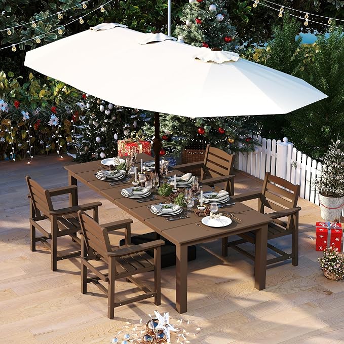 HDPE 5-Piece Outdoor Dining Set with 15FT Umbrella, Brown | All-Weather Patio Table and Chairs for 4, Fade-Resistant Patio Furniture Dining Set for Lawn, Garden, Deck, Backyard