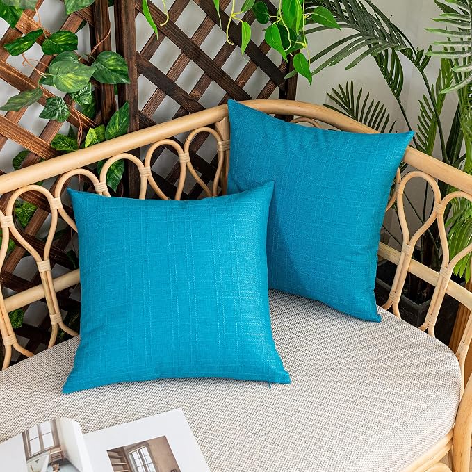 Kevin Textile Outdoor Waterproof 20”x20” Pillow Covers 2 Pack, Peacock Blue | Water Resistant, Soft Faux Linen-cotton Yarn-dyed Woven Texture Throw Pillow Covers for Tent Patio Garden Couch Sofa