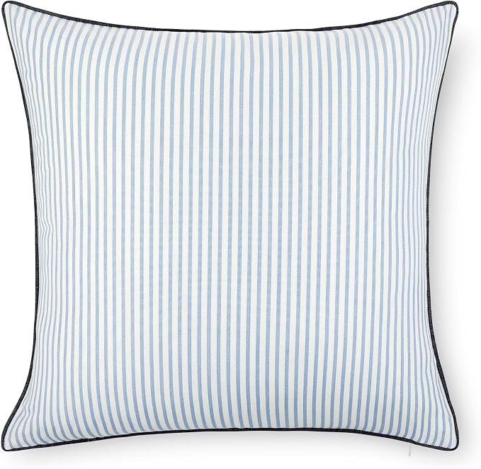 Hofdeco Premium Coastal Hampton Outdoor Performance Throw Pillow Cover Only, 22"x22" Water Repellent, UV and Fade Resistant for Backyard, Couch, Poolside, Azure Blue Indigo Woven Coastline Stripes