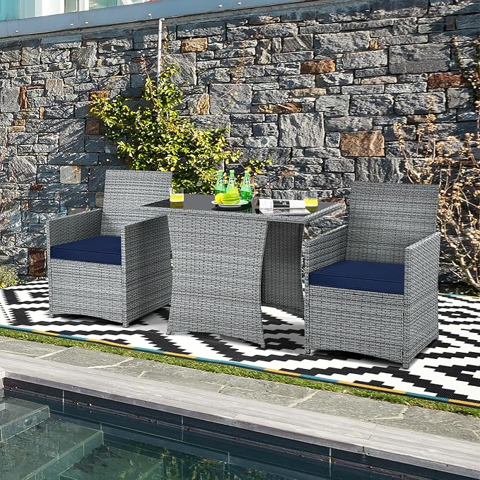RELAX4LIFE 3-Piece Outdoor Furniture Set - All-Weather Wicker Rattan Patio Dining Set w/Tempered Glass Coffee Table & Cushions, Modern Bistro Conversation Set for Yard Balcony (Navy)