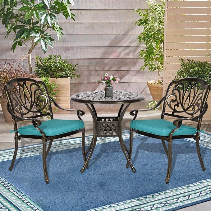 3-Piece Outdoor Patio Dining Set, All-Weather Cast Aluminum Patio Furniture Set for Backyard Garden Deck with 2 Cushioned Chairs and 31” Round Table, 2" Umbrella Hole, Ocean Blue