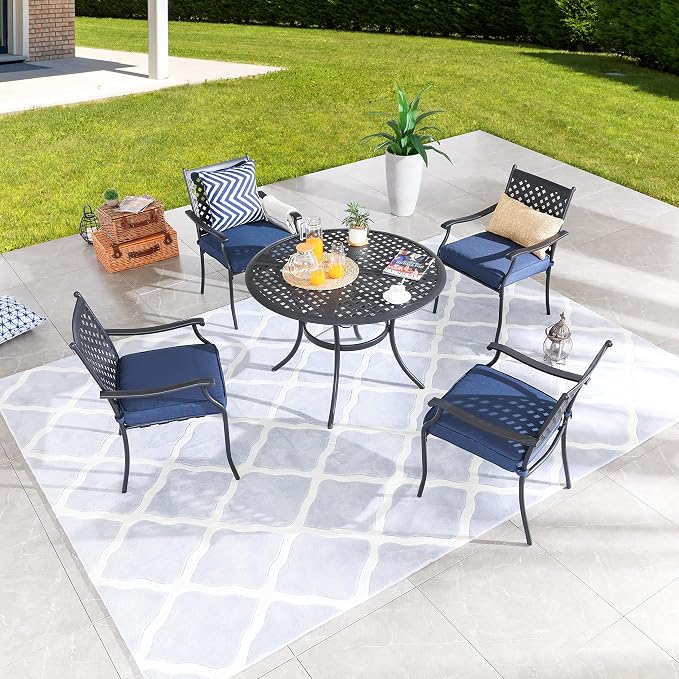 LOKATSE HOME 5 Piece Outdoor Patio Metal Dining Set with 4 Outdoor Iron Arm Dining Chairs with Seat Cushions and 1 Outdoor Dining Table with Umbrella Hole-Blue