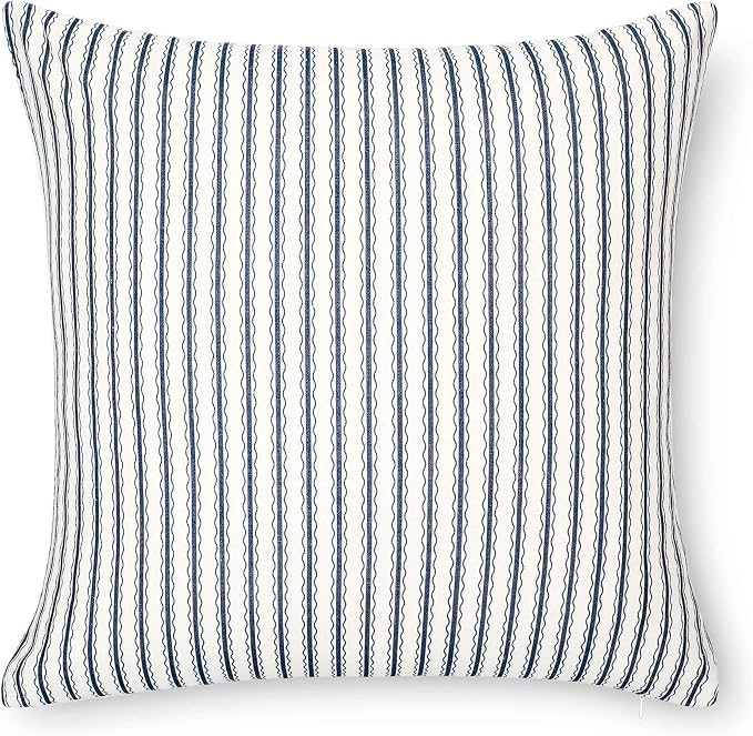 California Casual Coastal Indoor Outdoor Throw Pillow Cover, 22"x22" Water Repellent for Patio, Backyard, Couch, Poolside, Dark Navy Print Wave Stripes