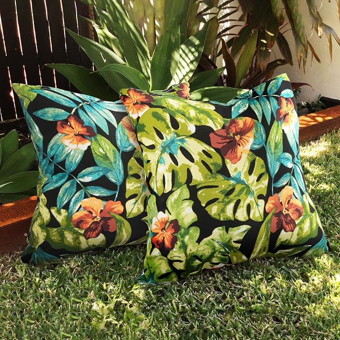 Throw Pillow with Insert, Set of 2, Outdoor Indoor Waterproof Decorative Patio Throw Pillow 18x18 Inch, Square Cushion for Couch Sofa Garden Farmhouse Decoration-Tropical Green Leaves