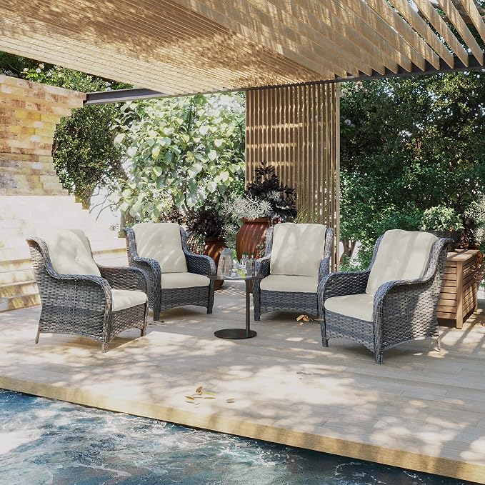 Outdoor Wicker Chair Rattan Patio Dining Chairs Set of 4 PE Wicker Patio Chairs with 3.5 inch Seat Cushions Patio Seating Chair for Garden, Backyard Swimming Pool, Balcony, Beige