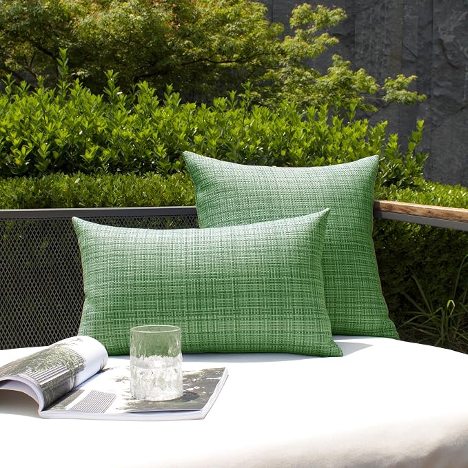 Kevin Textile Outdoor Waterproof 14"x24" Pillow Covers 2 Pack, Sage Green | Water Resistant, Faux Linen Yarn-dyed, Woven Texture Throw Pillow Covers for Tent Patio Garden Couch Sofa