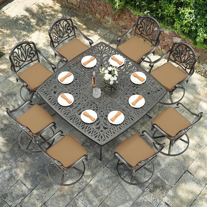 VIVIJASON 9-Piece Outdoor Dining Table Set for 8, All-Weather Cast Aluminum Patio Table and Chairs Set with 8 Swivel Rocker Chairs, 64" Large Square Dining Table with 2.2" Umbrella Hole