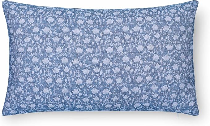 California Casual Coastal Indoor Outdoor Lumbar Pillow Cover, 12"x20" Water Repellent for Patio, Backyard, Couch, Poolside, Azure Blue Print Botanical Flowers and Leaves