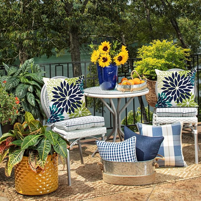 DFXSZ Outdoor Waterproof Pillow Covers 16x16 Set of 2 NavyBlue Green Flower | Spring Summer Waterproof Flower Throw Pillowcases(No Inserts)Outdoor Decor for Patio Funiture Garden Polyester Covers