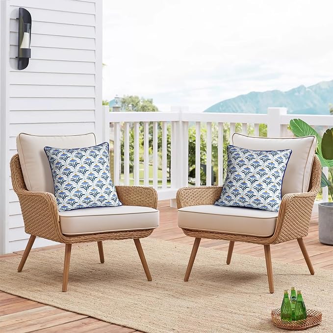 Outdoor Pillow Covers 18x18 Inch, Water-Resistant Decorative Pillow Covers Pack of 2, Floral Throw Pillow Case for Patio Furniture Tent Garden, Blue Bloom with Blue Edge, Cover ONLY