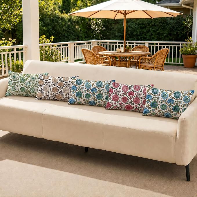 Allorry Outdoor Pillow Covers 12x20 Rose Pink Floral Outdoor Decor JB013D12 | Set of 2 Vintage Floral Block Print Pillow Cover,Farmhouse Boho Decorative for Spring Summer Outdoor Sofa Bedroom Decor