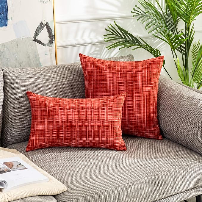 Kevin Textile Outdoor Waterproof 18x18 Inch Pillow Covers 2 Pack, Red | Water Resistant, Faux Linen Yarn-dyed, Woven Texture Throw Pillow Covers for Tent Patio Garden Couch Sofa