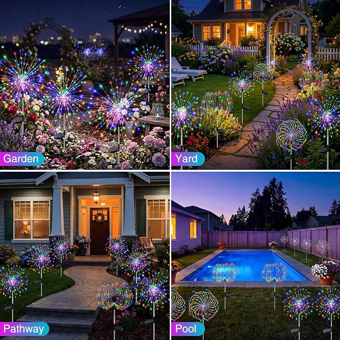 btfarm 1 Pack Solar Garden Lights Outdoor, 8 Modes Firework Lights Outside | 120LED, Waterproof Fairy Twinkle Light Solar Powered for Yard Christmas Pathway Lawn Pool Patio Decorative, Multicolor