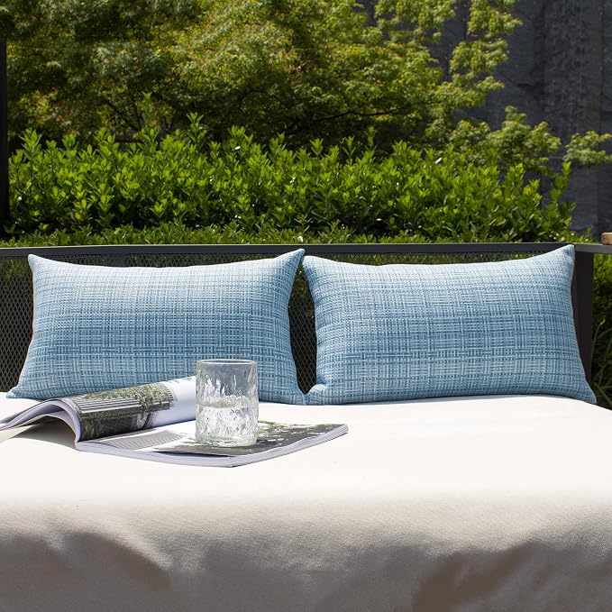 Kevin Textile Outdoor Waterproof 12"x20" Pillow Covers 2 Pack, Light Blue | Water Resistant, Faux Linen Yarn-dyed, Woven Texture Throw Pillow Covers for Tent Patio Garden Couch Sofa