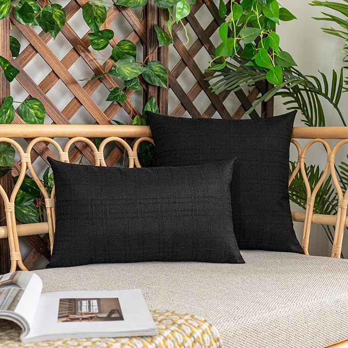 Kevin Textile Outdoor Waterproof 22”x22” Pillow Covers 2 Pack, Black | Water Resistant, Soft Faux Linen-cotton Yarn-dyed Woven Texture Throw Pillow Covers for Tent Patio Garden Couch Sofa
